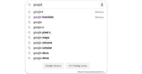 a google search with autocomplete options
